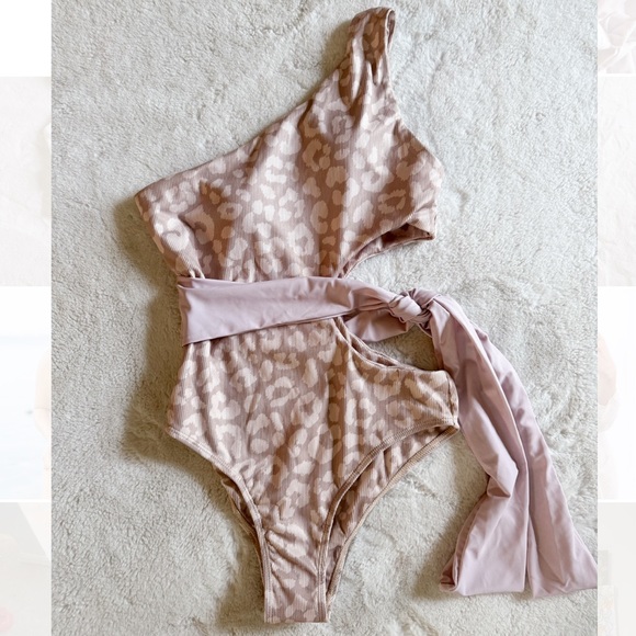 New leopard one shoulder side tie one piece swimsuit - Picture 3 of 5